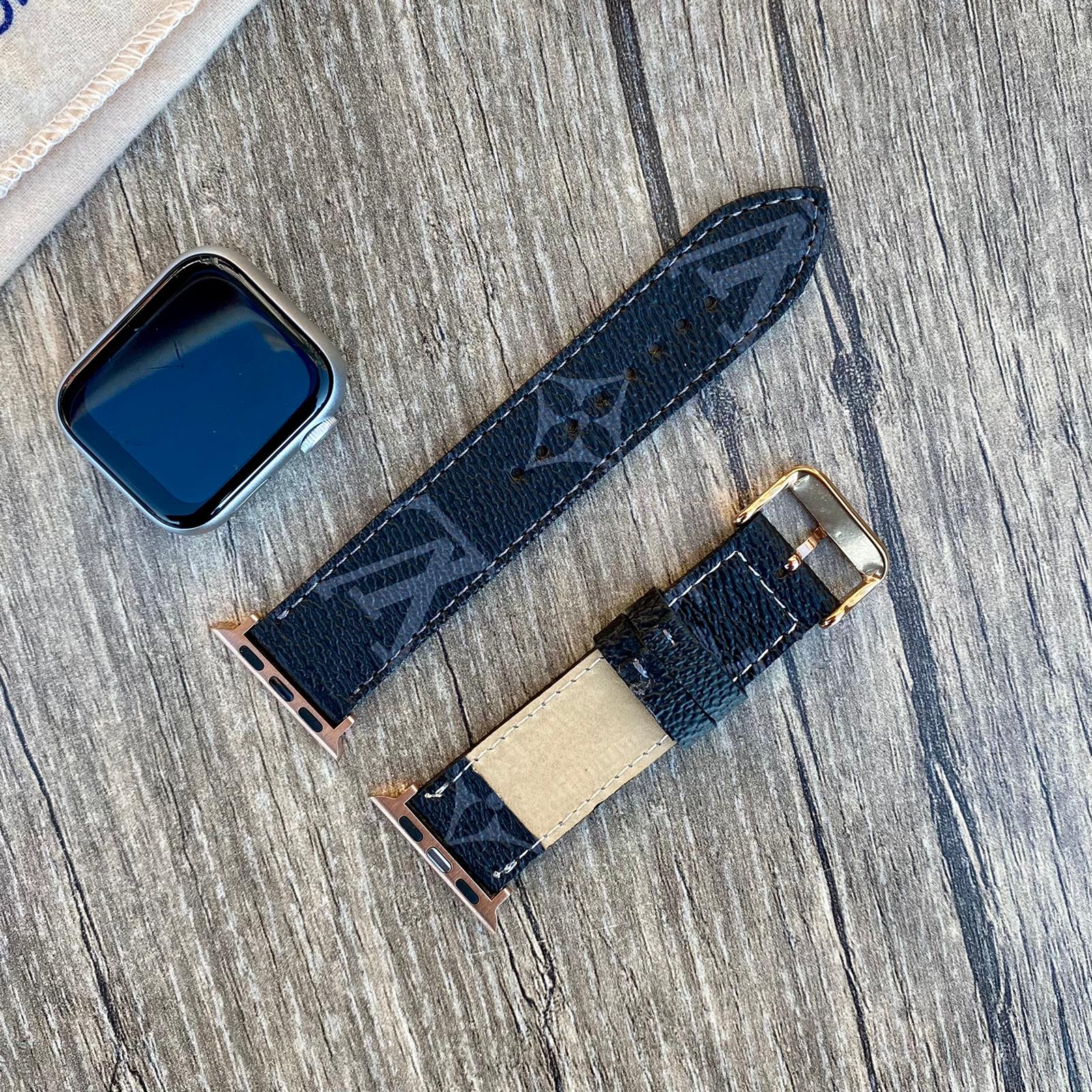 Louis Vuitton Black Leather Apple Watch Band, iwatch series 7-6-5-4-3-2-1