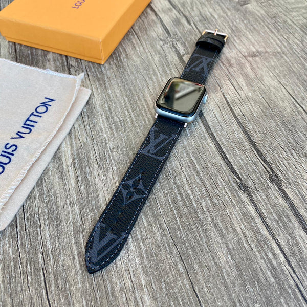 Louis Vuitton Black Leather Apple Watch Band, iwatch series 7-6-5-4-3-2-1
