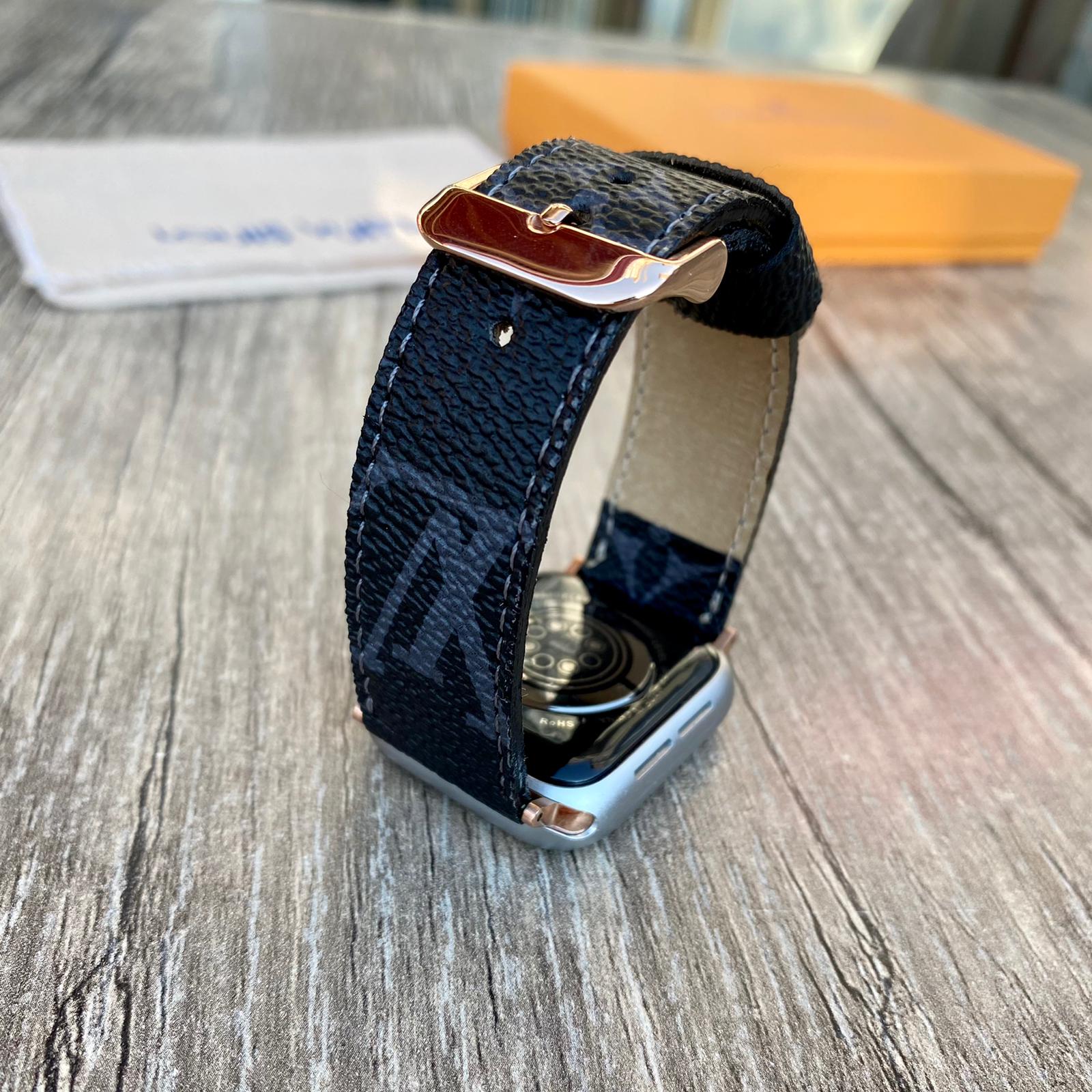 Louis Vuitton Black Leather Apple Watch Band, iwatch series 7-6-5-4-3-2-1